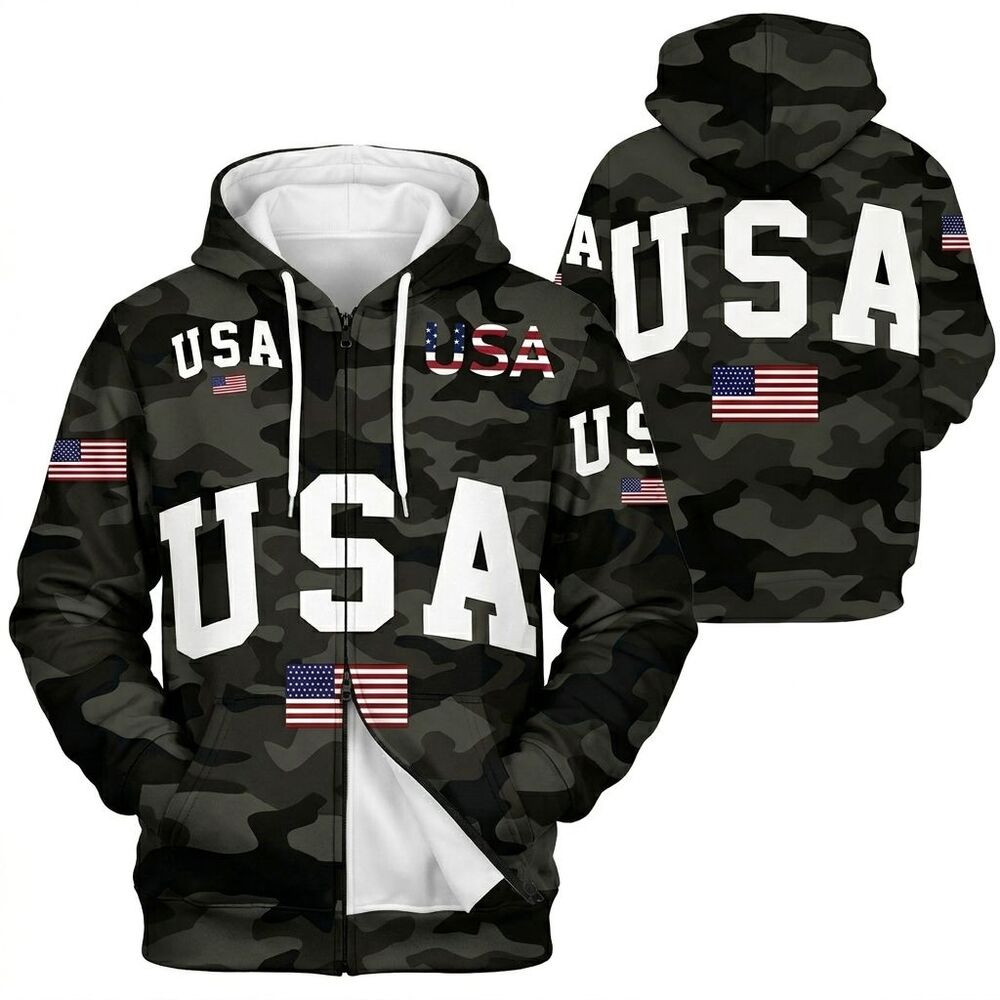 American Flag Print Hoodie USA 250th Anniversary Full Zip Jacket Size XL Camo